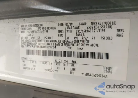 2019 Ford Transit-250 from USA, damaged, VIN 1FTYR1YM2KKB01764